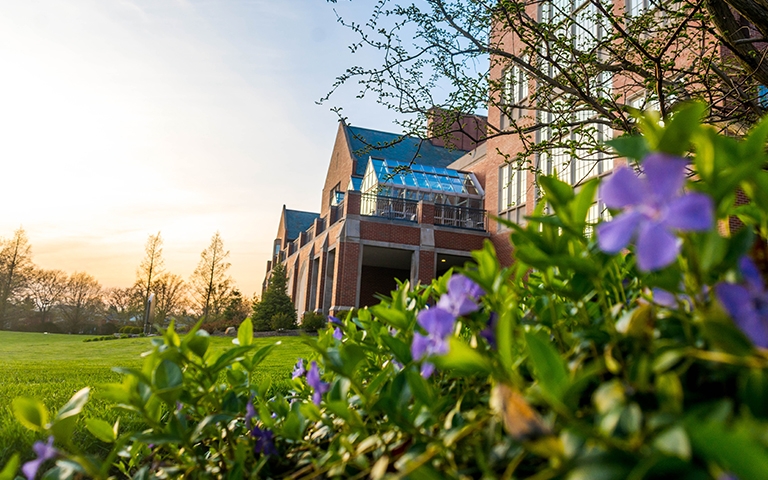 Dolan Science Center for Science & Technology with purple and yellow Spring flowers in the foreground